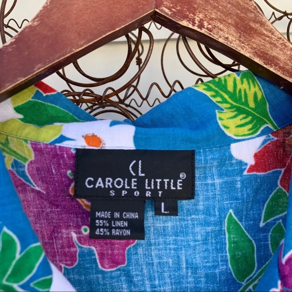 Vintage 90s Carole Little blue tropical floral linen blouse - Image 4