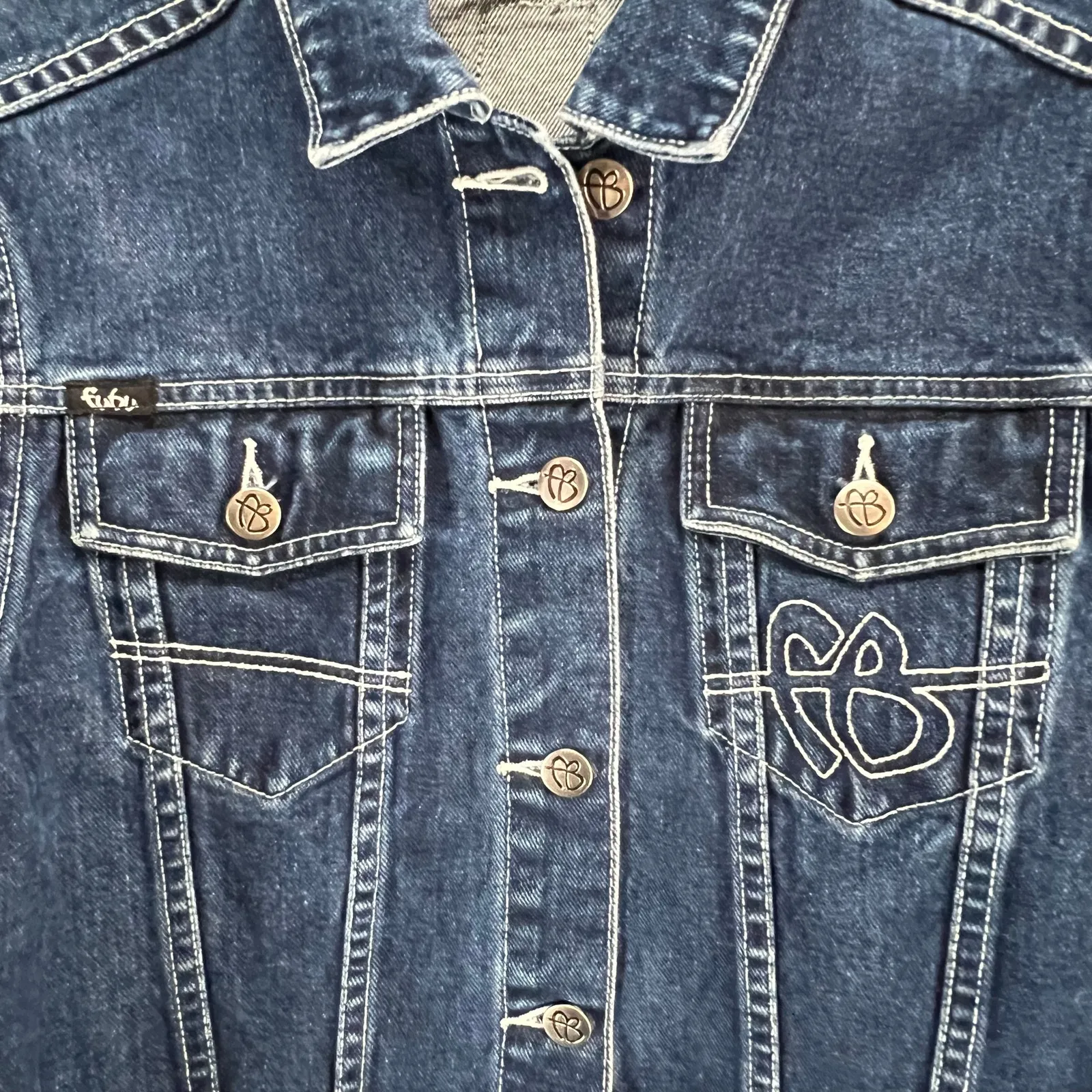 FUBU Vintage 90s Y2K Jean Jacket M Blue Crop Trucker Logo Streetwear Hip Hop Size M - Image 4