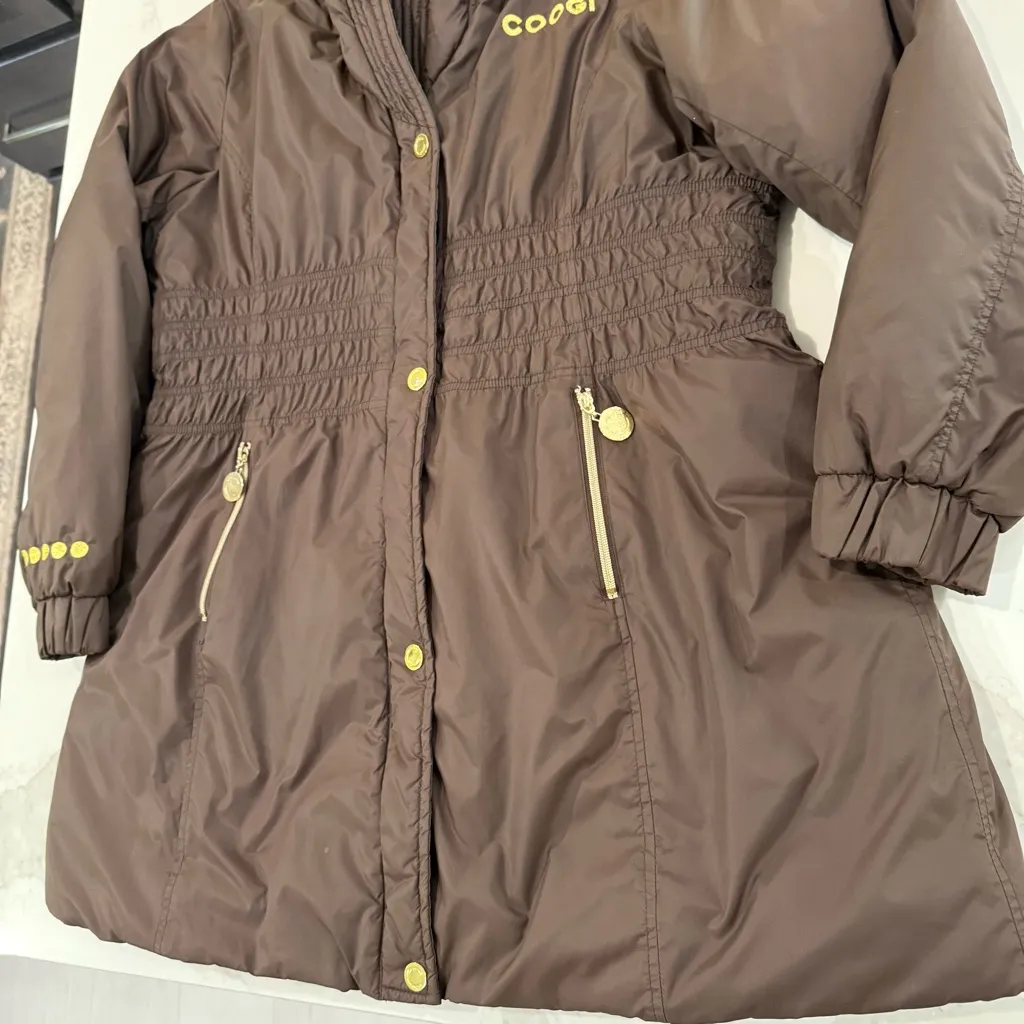 Vintage COOGI Long Puffer Coat Cinch Waist Women’s 2X Brown/Gold Large Back Logo - Image 2