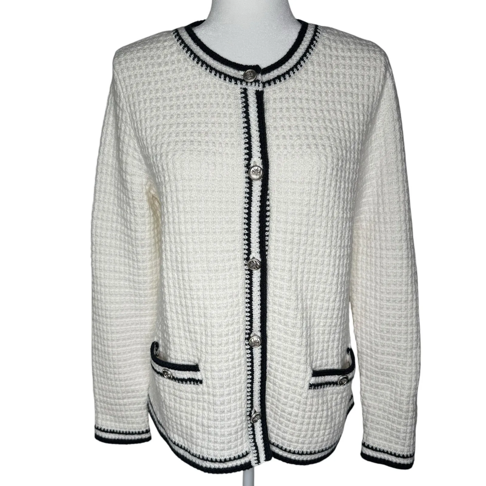 J. Jill Cardigan S L Contrast Trim Sweater Jacket Nautical Coastal‎ Beach Preppy - Image 4