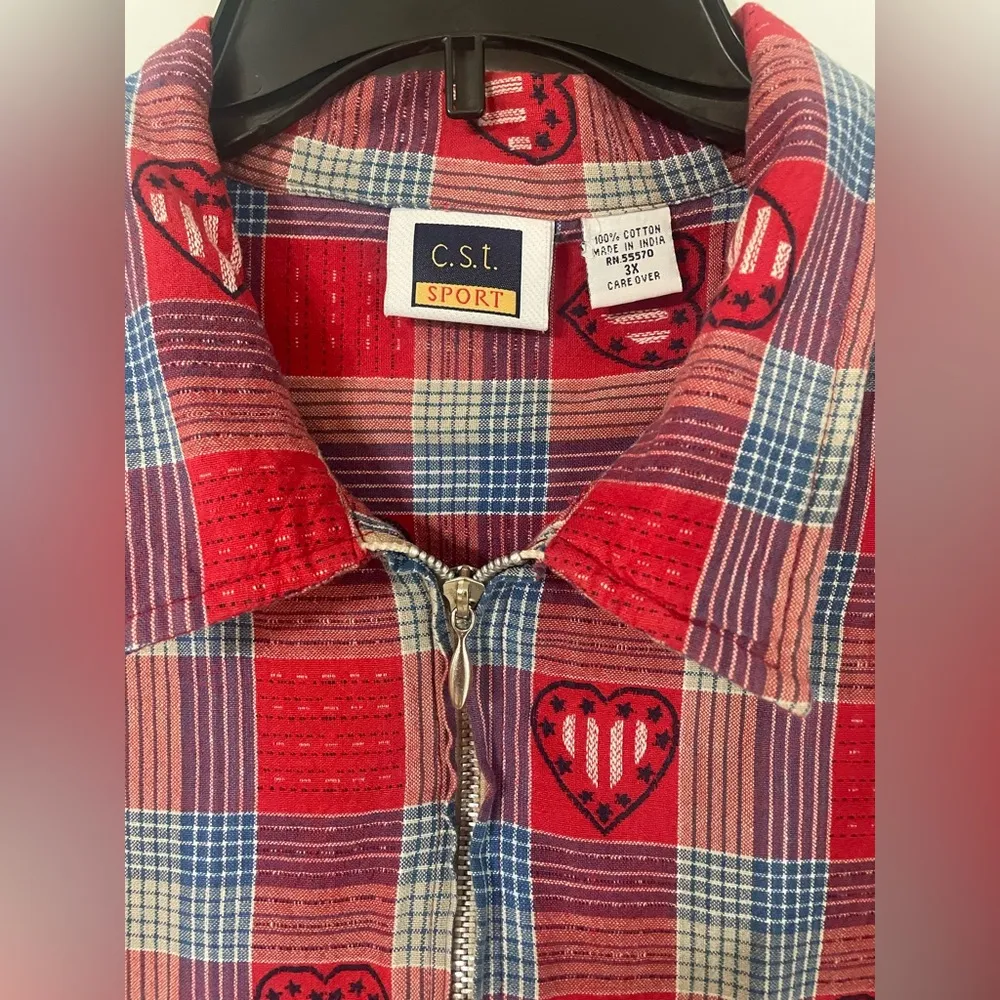 C.S.T Sport Vintage Red White & Blue Embroidered Heart Zip Up Blouse Cotton 3X - Image 3