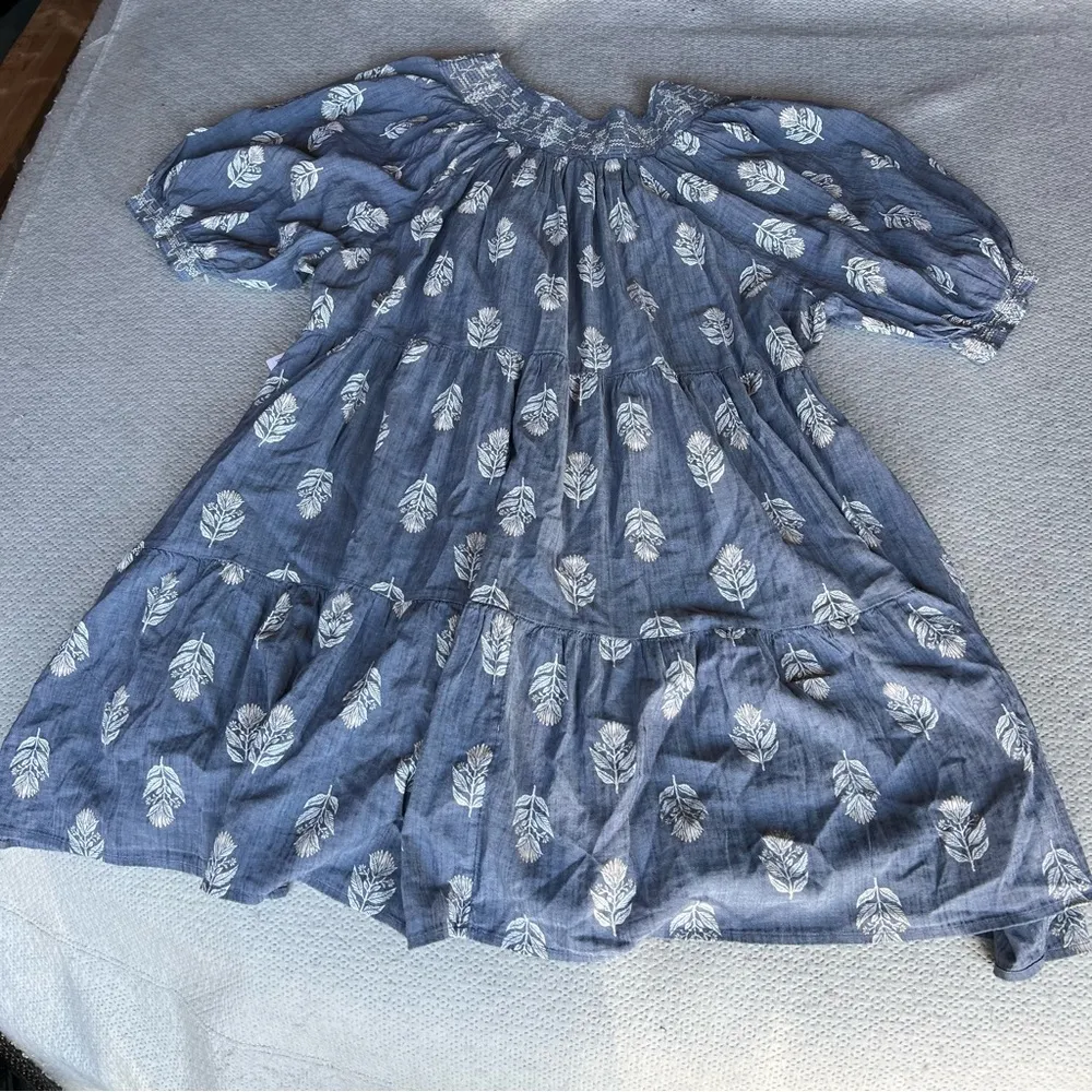 Old Navy Blue Peasant Boho Feather Print A-Line Dress Pockets Cotton Blend XXL - Image 6