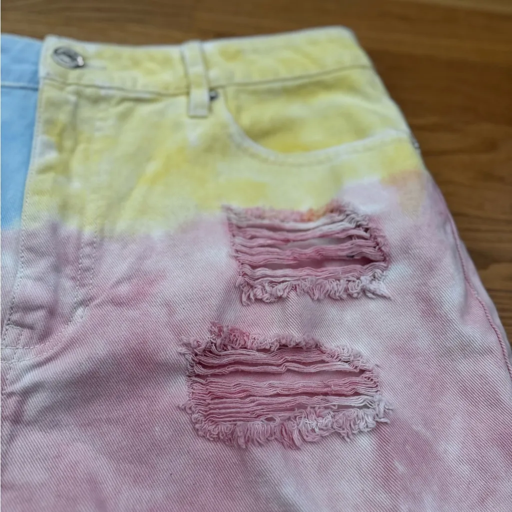Forever 21 Pastel Yellow Pink Blue Denim Colorful Distressed Summer Shorts Sz 31 - Image 6