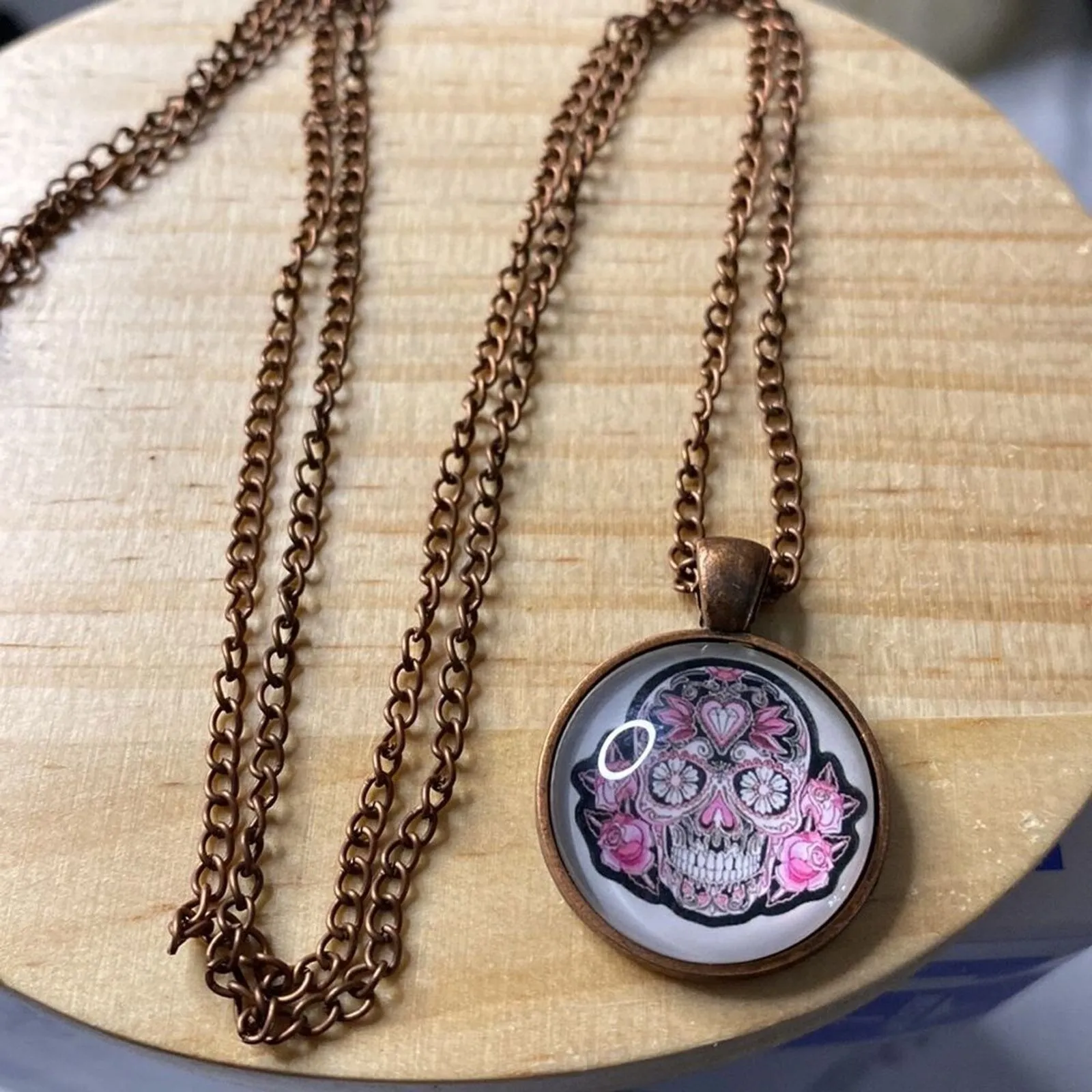 Sugar Skull Necklace Pink Roses Day‎ of the Dead Halloween Pendant Bronze Tone - Image 2