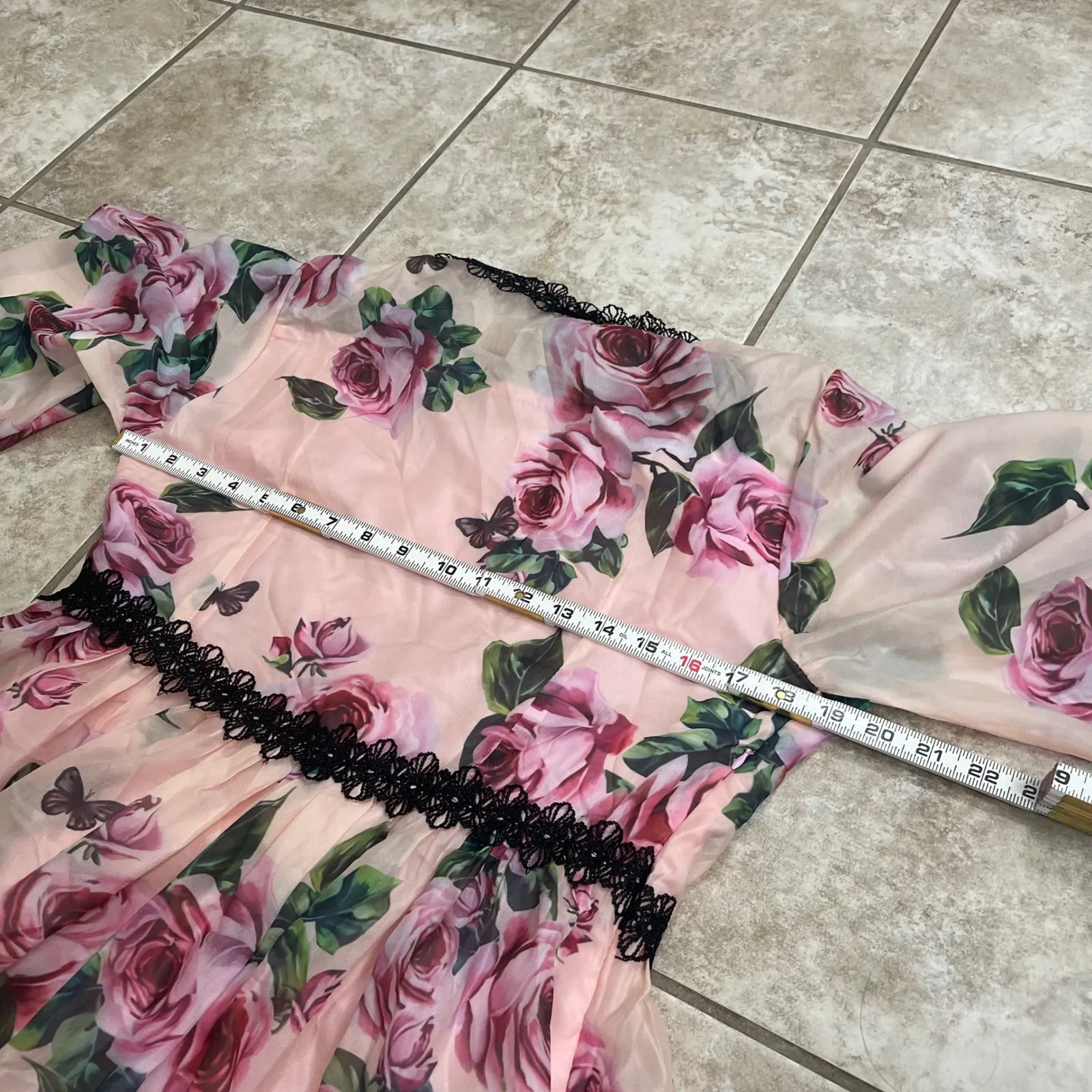 Vicky and Lucas Maxi Dress Floral Rose Print Black Lace Trim Lined Womens L/G Pink Size L - Image 3