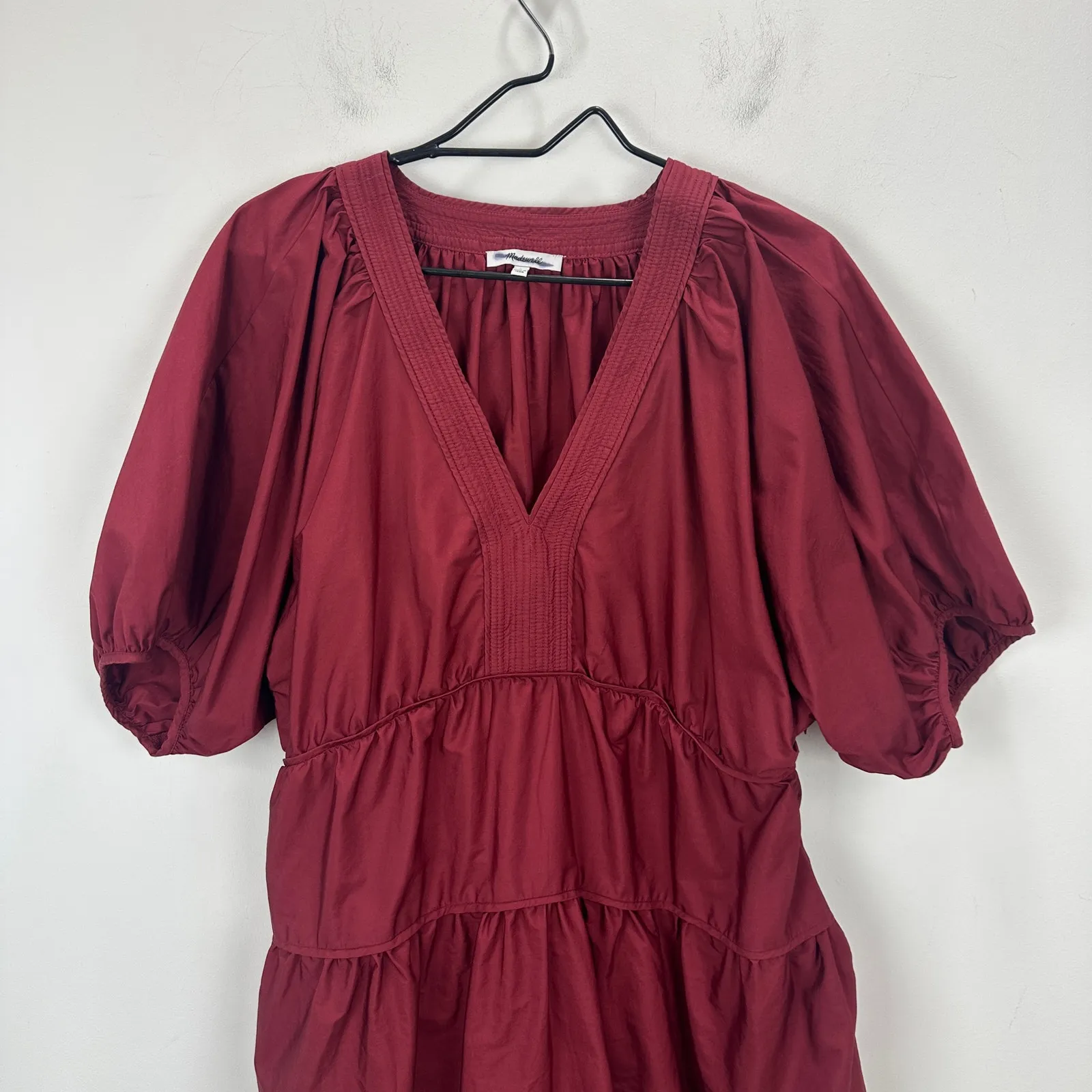 Madewell Puff Sleeve Mini Dress Poplin Claret Burgundy A Line Pockets Large - Image 8