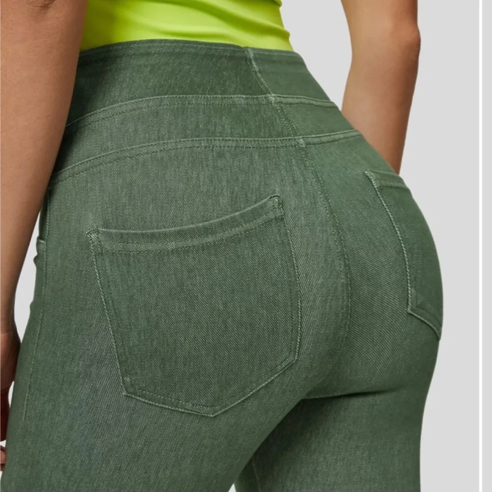 Flex High Waisted Back Pocket Forest Green Stretchy Knit Denim Leggings M - Image 3