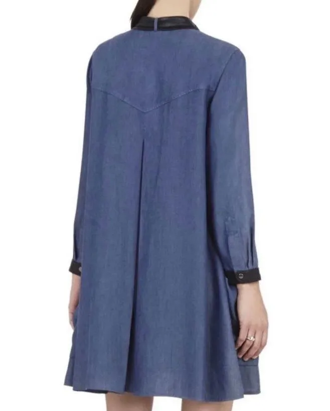 Blue Denim-Like Faux Leather Trim Emilee Dress Small - Image 2