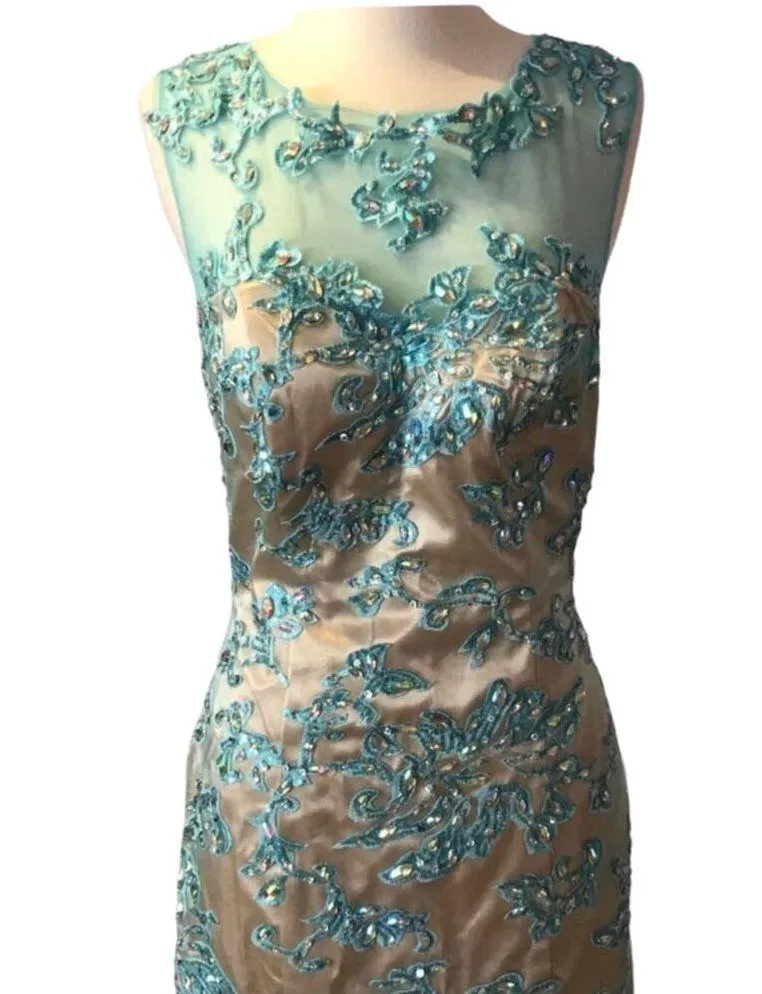 FORMAL GOWN Mermaid Embellished Aqua/Nude Tulle Skirt Ilusion Mesh Beaded Neck Size M - Image 5