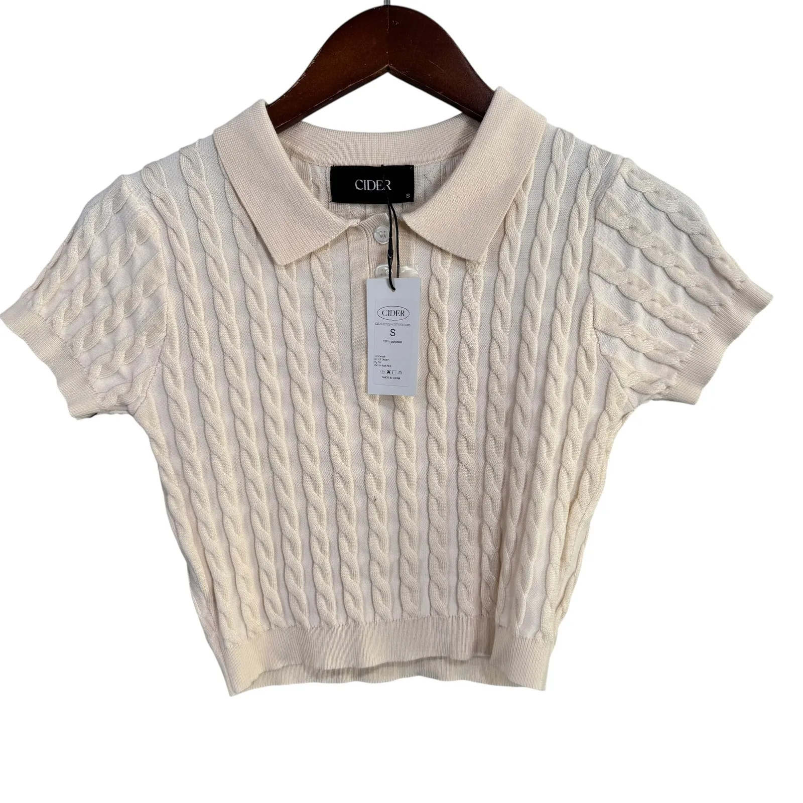 CIDER Ivory Cable Knit Cropped Polo Shirt Short Sleeve Trendy Top Women's - Image 2