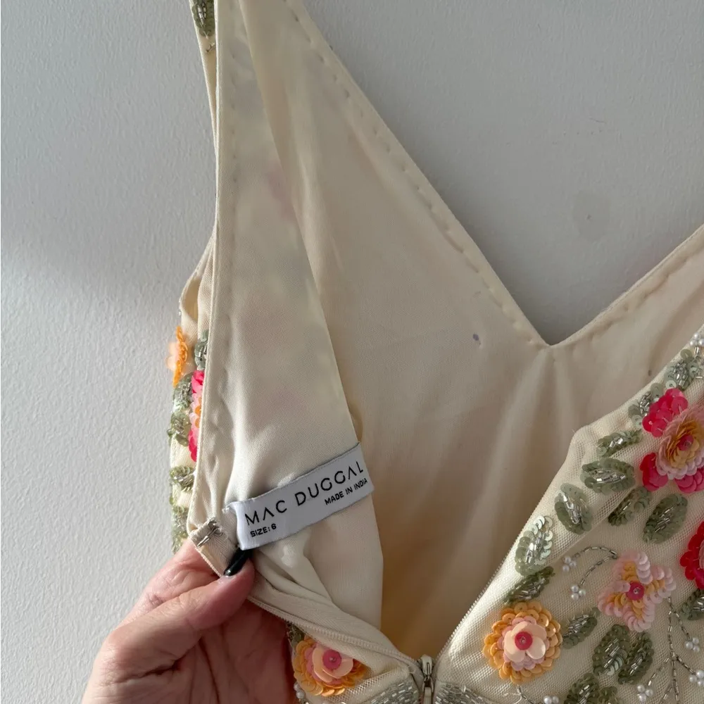 MAC DUGGAL Beige V Neck Sleeveless Midi Floral Beaded A Line Dress 6 - Image 11