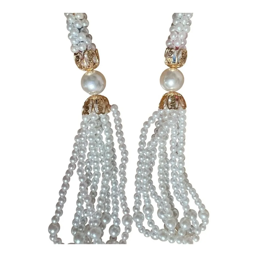 VTG Faux Pearl Beaded White Gold Rainbow Thread Tassel Strand Belt Sash Elegant - Image 12