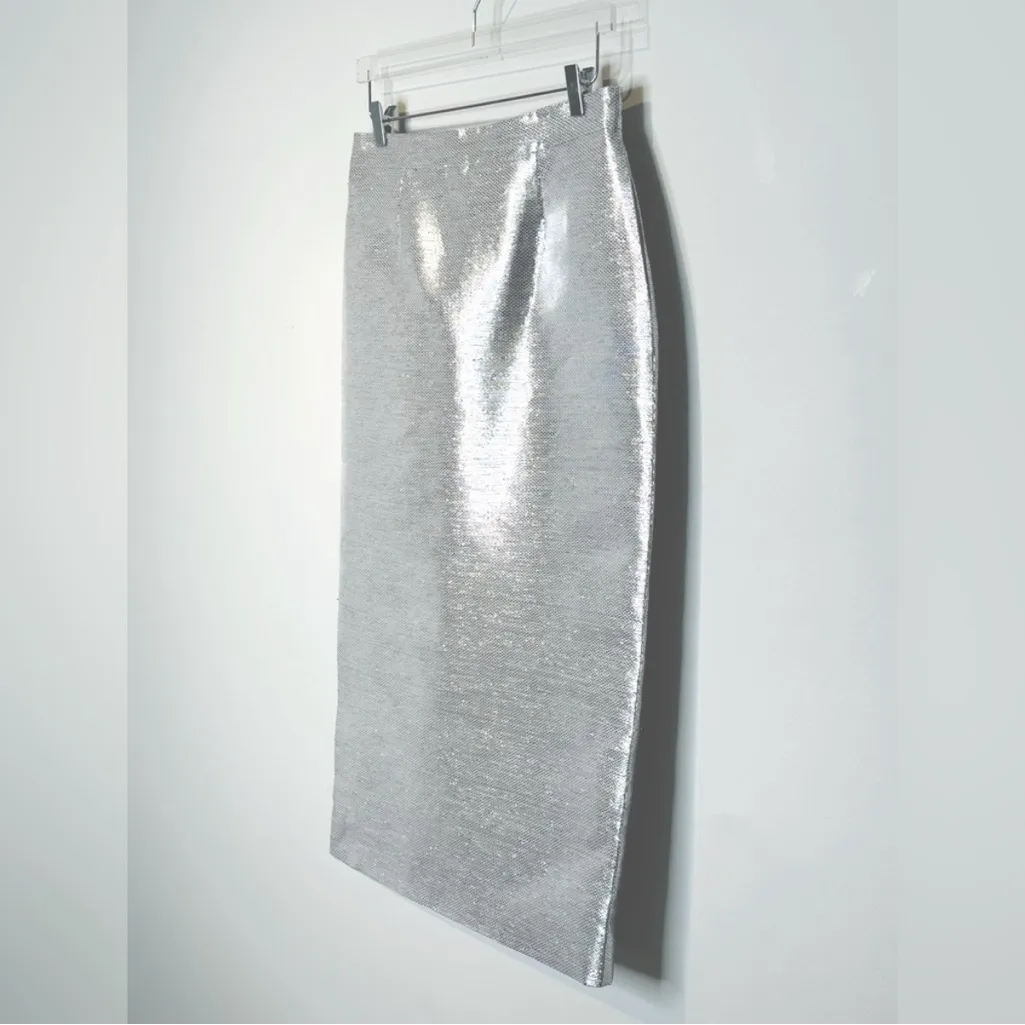 Brandon Maxwell Silver Metallic Foil Runway Spring Maxi Skirt Size 10 NWT - Image 4
