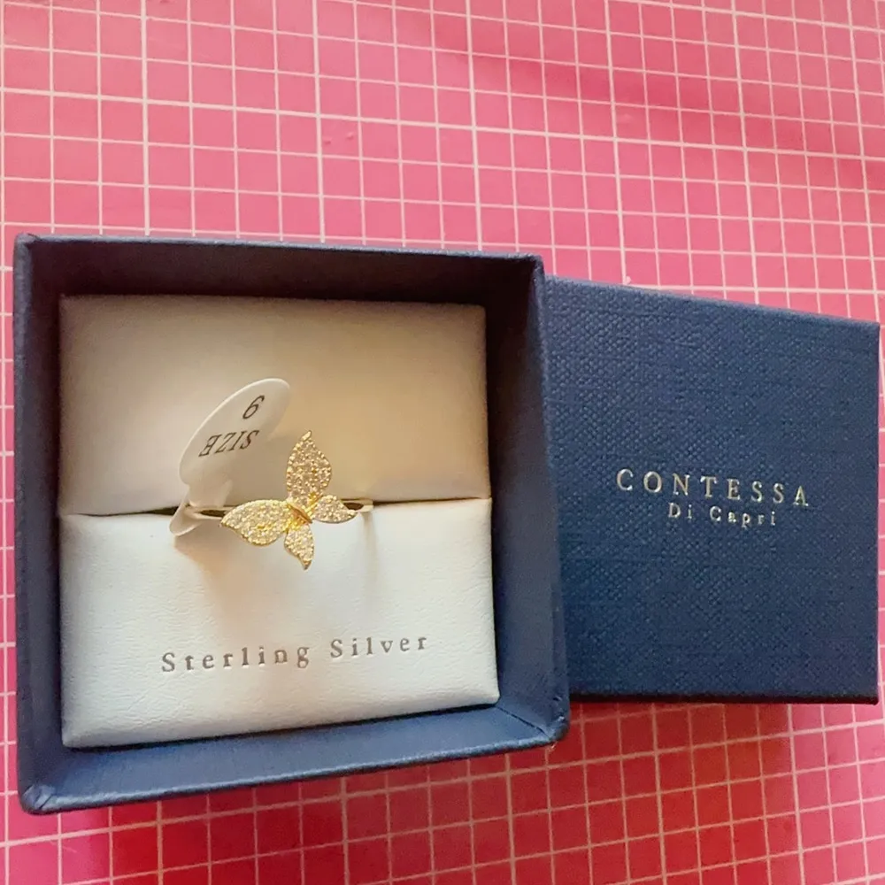 Contessa di capri sterling silver 925 gold ring size 9 paved diamonds butterfly - Image 3