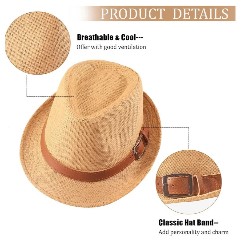 Ultrafun Straw Fedora Hat Classic Manhattan Dark Gray Black Belt Buckle Band Uni - Image 6