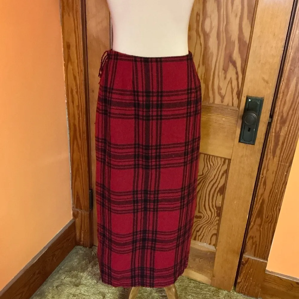 Vtg 90s wool plaid fringed wrap skirt Red Size 10P - Image 15