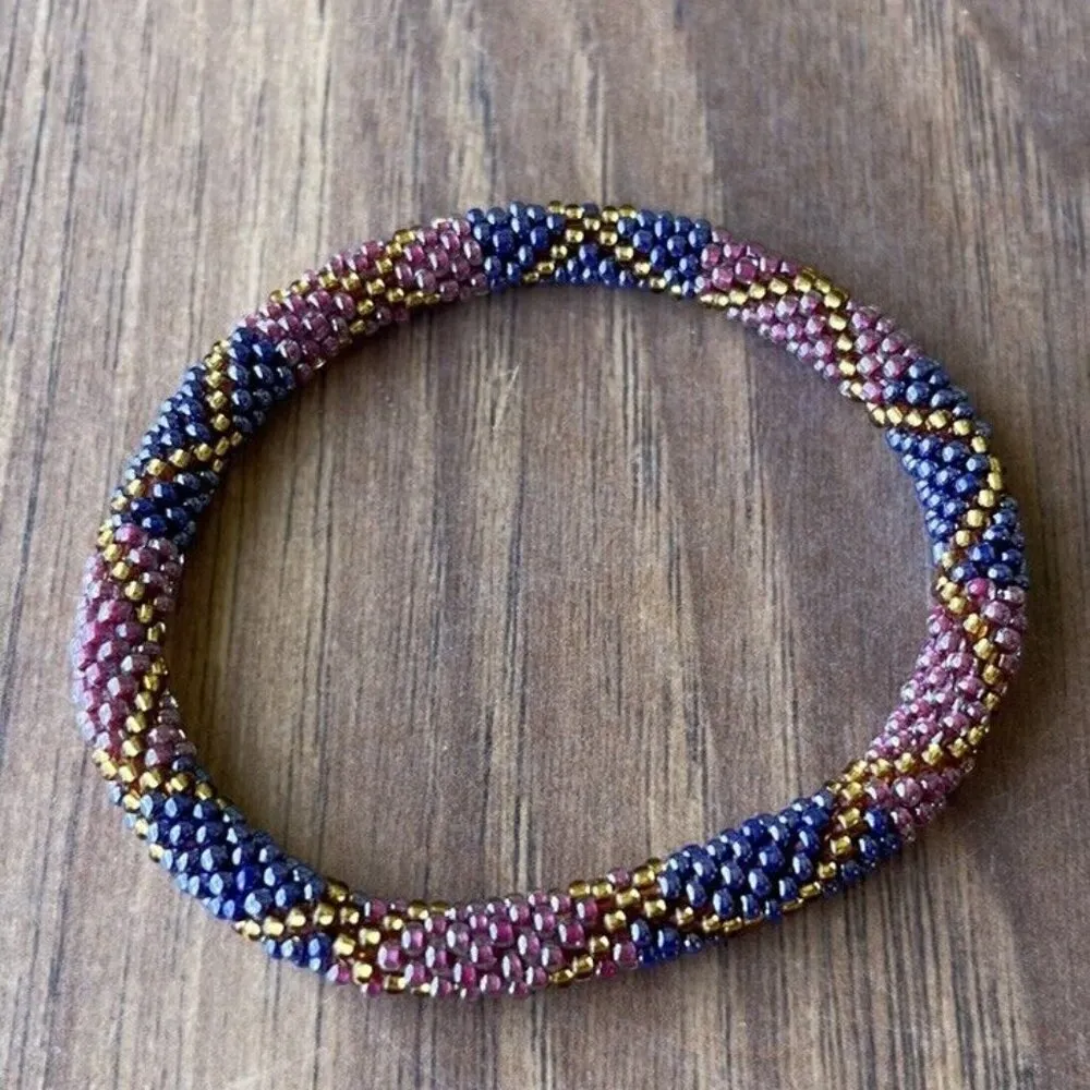 Sashka Co Bracelet Lot 3 Roll Blue/ Brown/Red Seed Bead Nepal Artist Crocheted Blue - Image 2