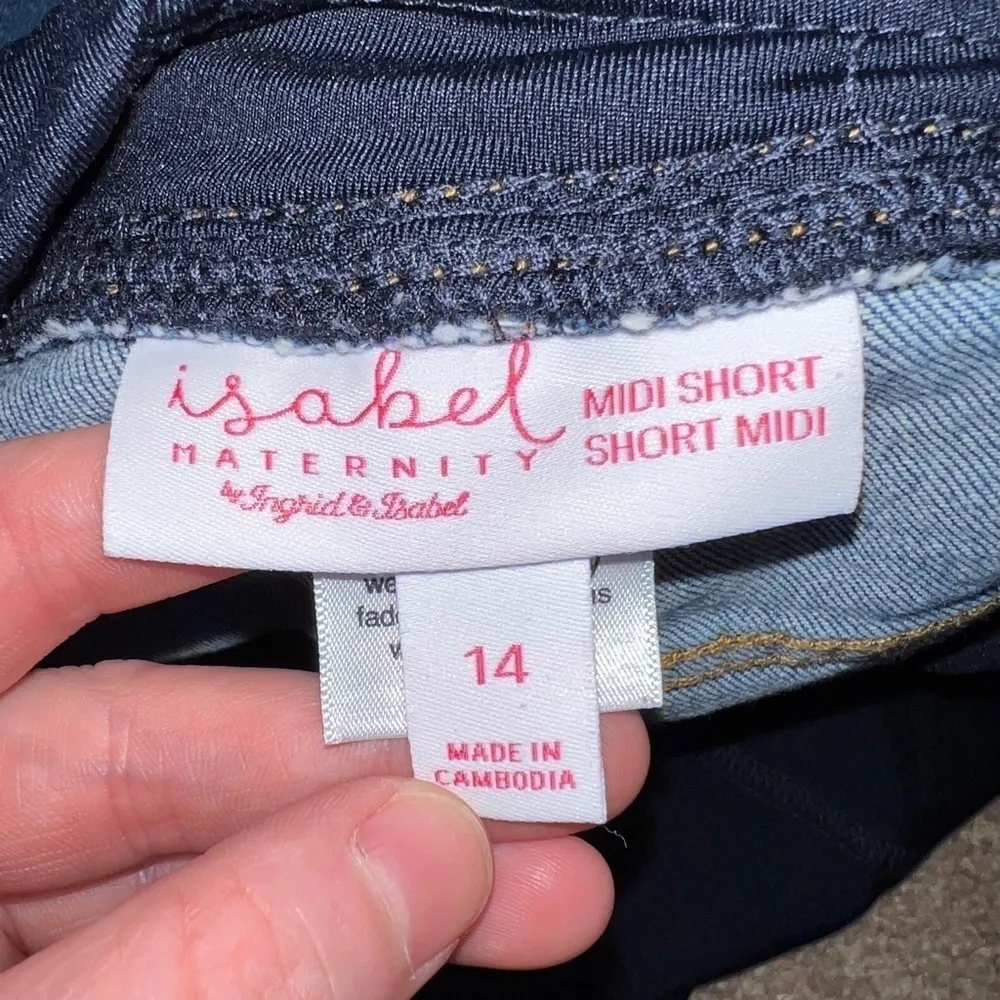 Isabel Maternity Medium Wash Crossover Panel Denim Midi Shorts women's size 14 - Image 3