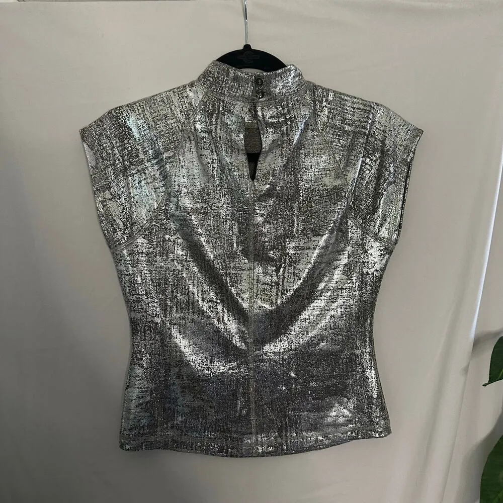 Anthropologie Pilcro Cap-Sleeve Mock-Neck Silver Metallic Top XS - Image 7