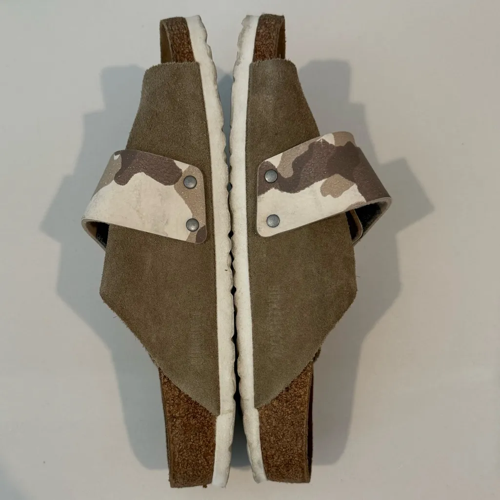 Birkenstock Kyoto Gray Taupe Suede Slides with Camo Camouflage Strap Size 40 - Image 9