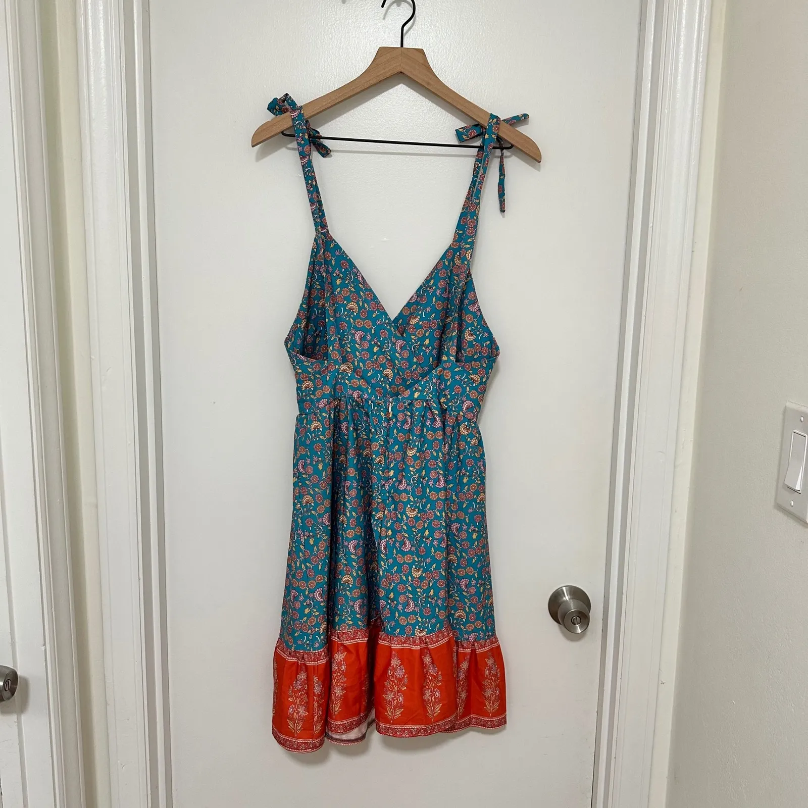 GABI | Teal Turquoise Orange Bohemian Floral Shoulder Tie Backless Mini Dress Blue - Image 5