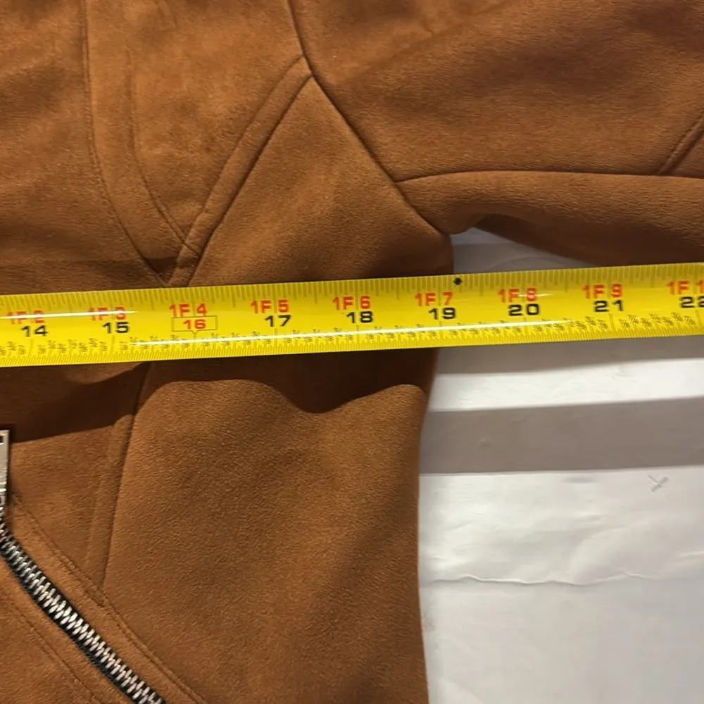 Jou Jou Brown faux Leather suede Jacket waist length Zipper Details moto L fall Size L - Image 13