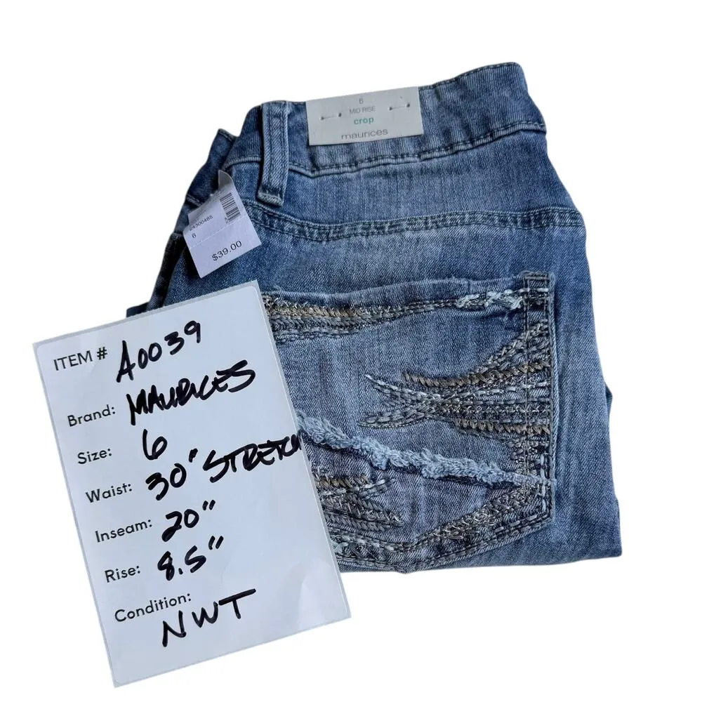 NEW Maurices Crop Mid Rise JEANS Women 6 Stretch 30 Embroidered Five Pocket Pant - Image 7