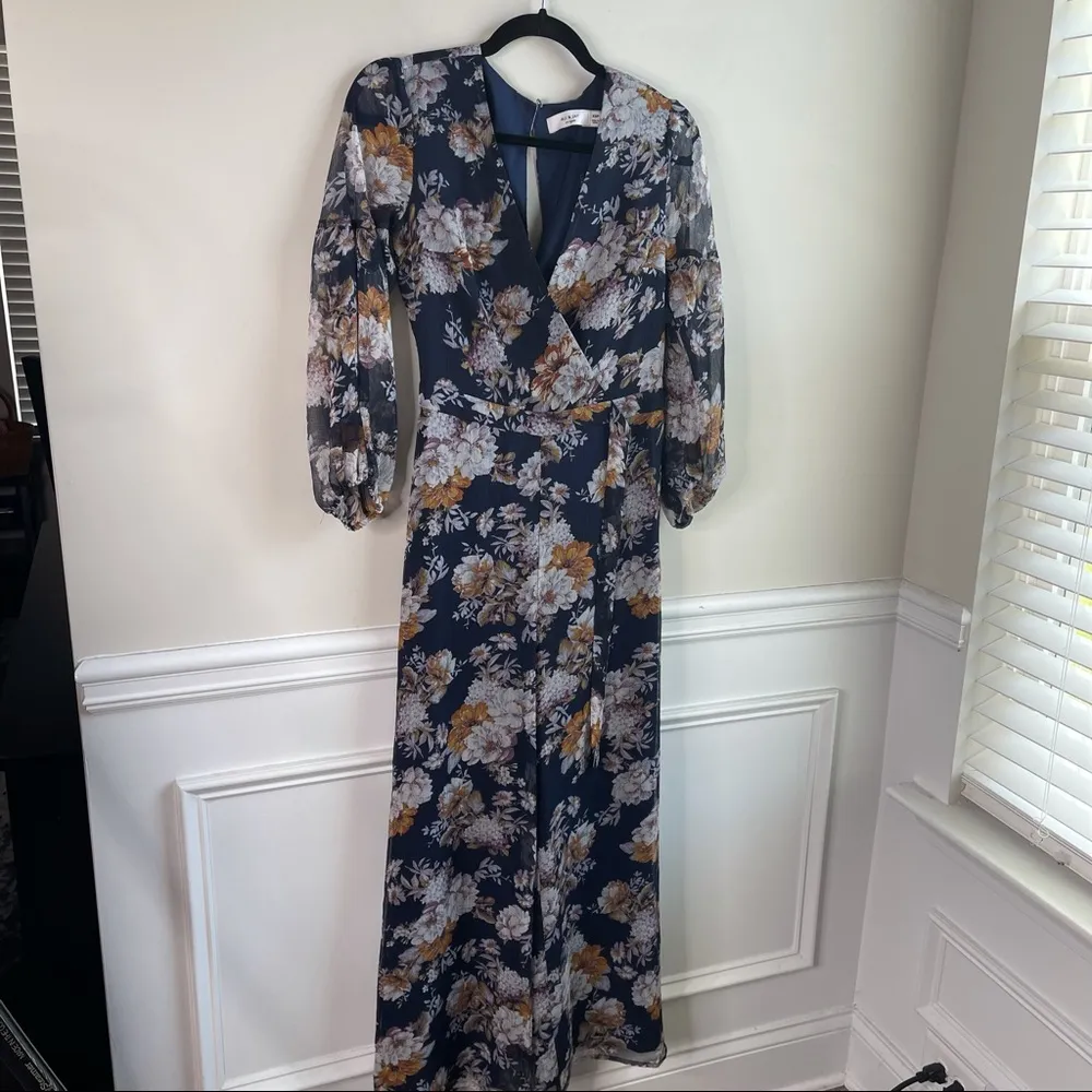 Anthropologie blue floral ali Ro Chiffon long‎ sleeve jumpsuit size XS Petite - Image 4