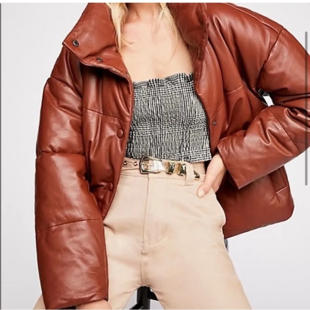 Free People RARE genuine leather Quilted Bomber Snap Puffer coat NEW - Image 4