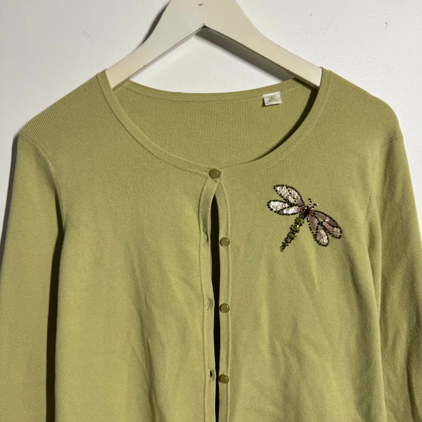 Vintage Cardigan Women L Green Beaded Dragonfly Cottage Japan Prep Y2K Whimsical Size L - Image 4