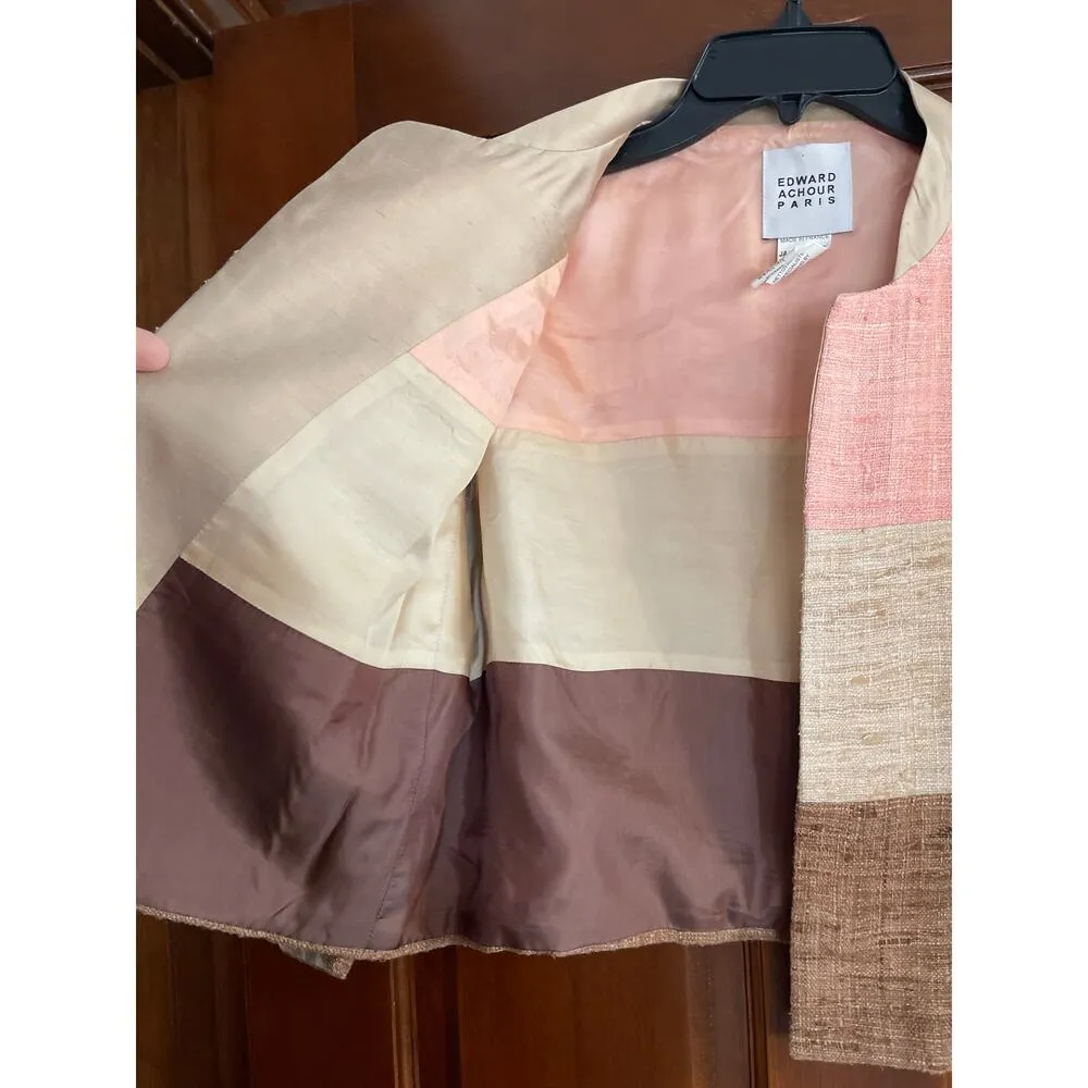 Edward Achour Paris raw silk cropped color block balzer in caramel size 42/10 Brown - Image 3