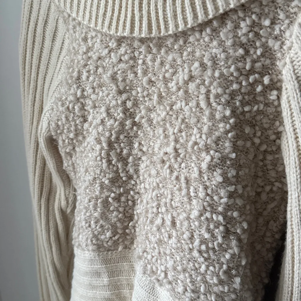 Belldini Cream Textured Flowy Ruffle Long Tie Front Ribbed Boucle Cardigan - Image 4