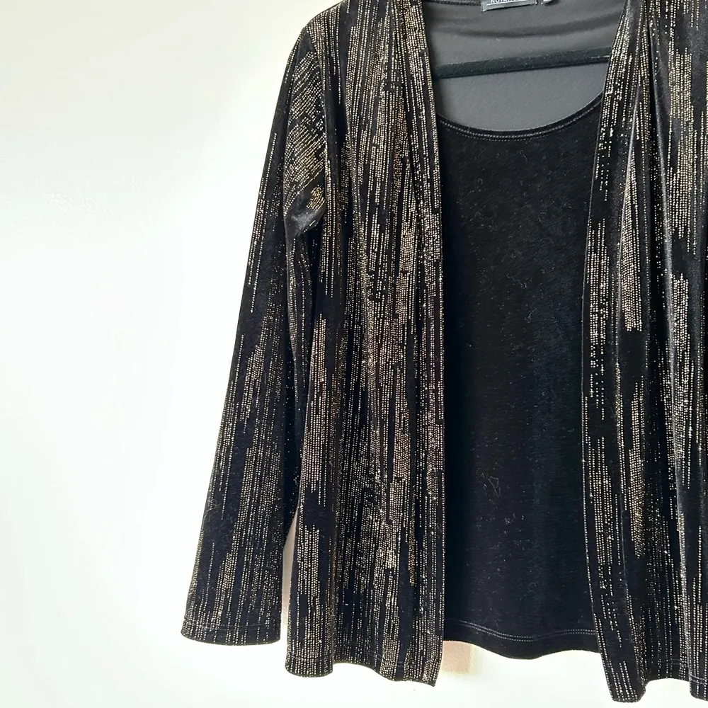 NWOT Notations Small Black Gold Glitter Shimmer Velvet Cardigan Cami Top Sweater - Image 3