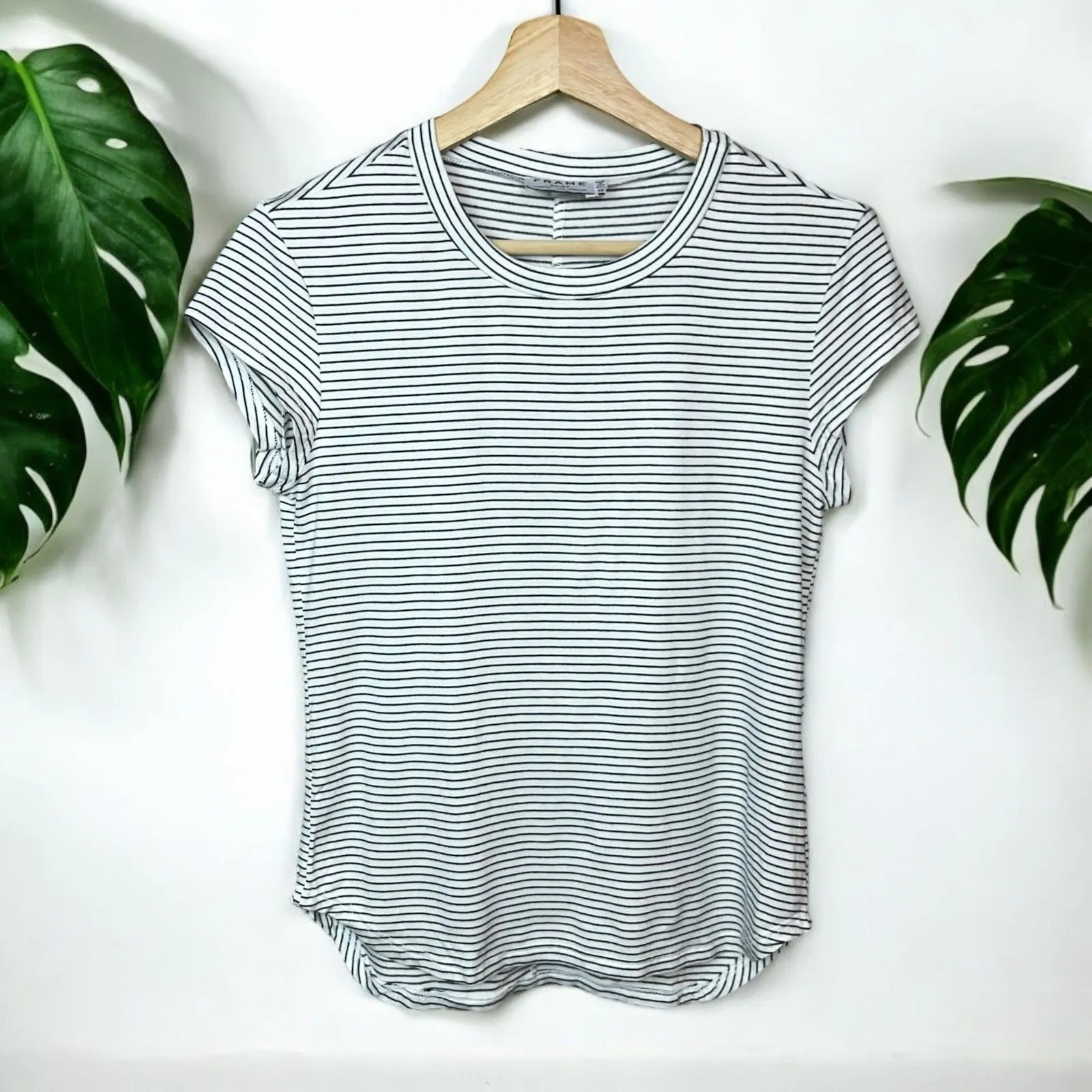 FRAME Micro Stripe Modal Tee in White & Navy - Image 2
