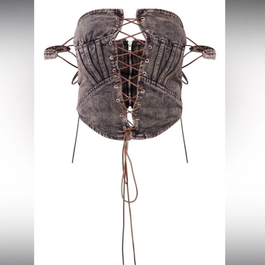 PrettyLittleThing Shape Brown Lace Up Denim Corset Top Structured Bustier US 14 - Image 2