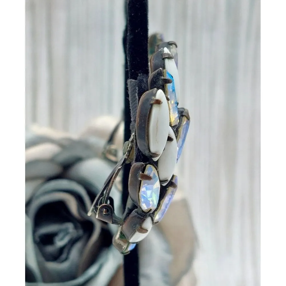 La Roco VINTAGE Milk Glass & AB Navette Crystal Clip On Earrings Large Climbers White - Image 8