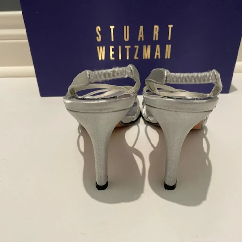 Stuart Weitzman Strappy Silver Metallic Fabric Dress Heels - Image 6
