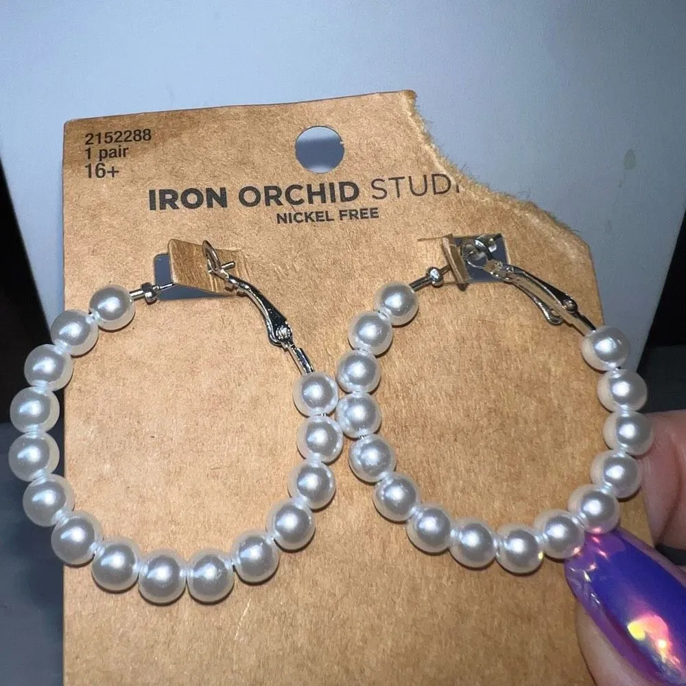 Iron Orchard Studios Nickel Free Faux Pearl Hoop‎ Earrings Silver - Image 7