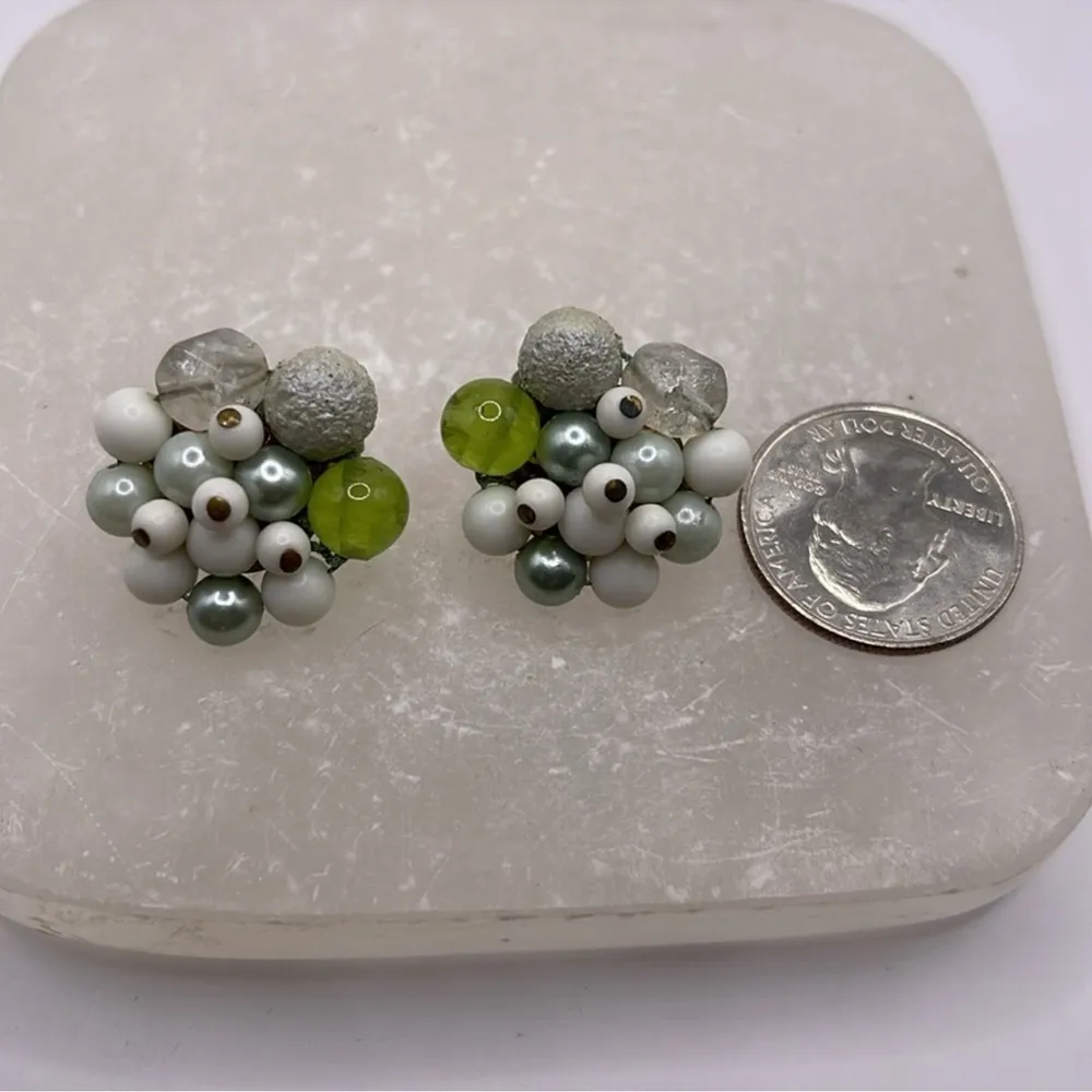 Japan cluster vintage clip on earrings green glass milk glass faux pearl style - Image 10