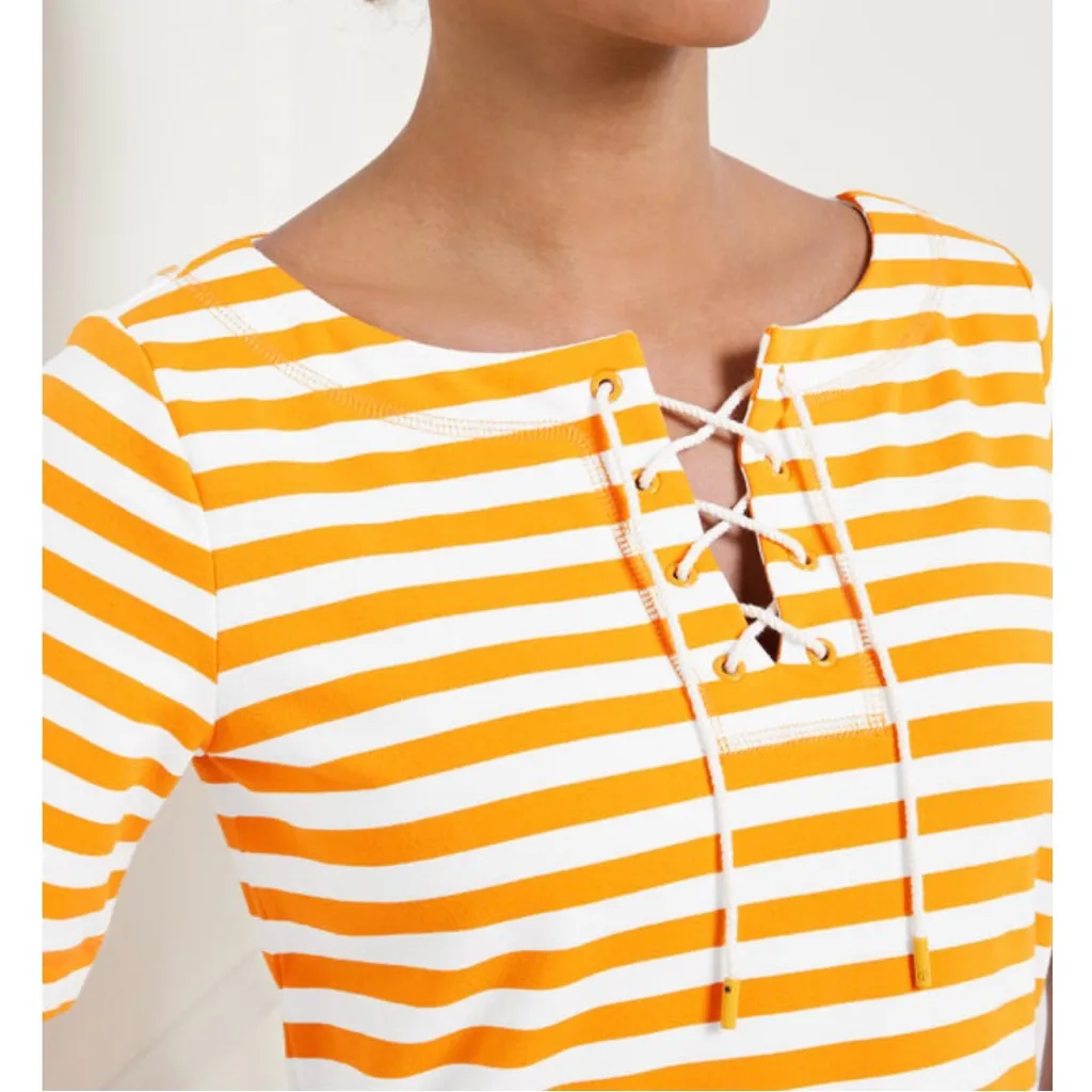 T by Talbots Lace Up Dress Size XS Yellow Ace Stripe Vacation Preppy Nautical - Image 6