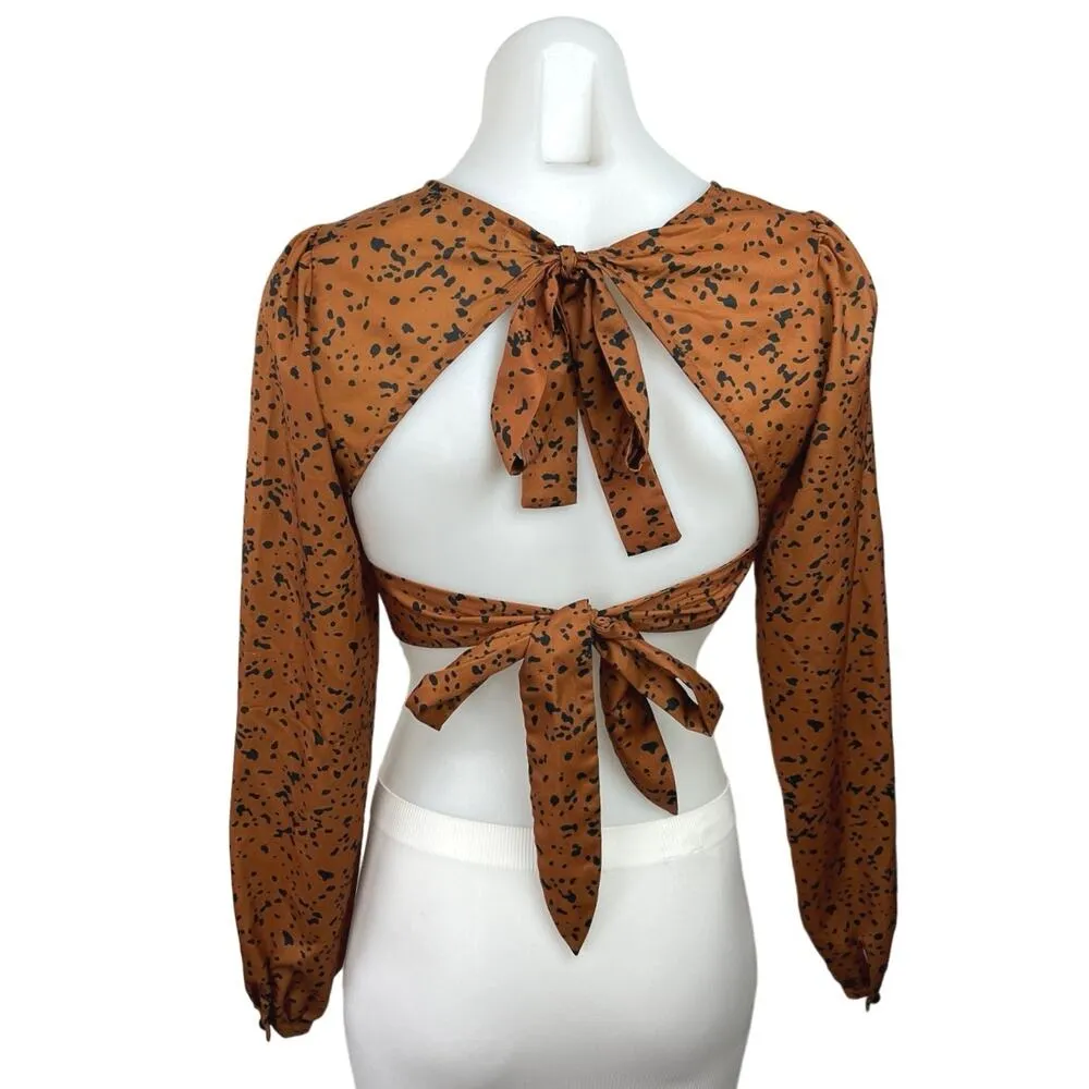 Nasty Gal Women's Brown Crew Neck Open Back Tie Closure Crop Blouse Top Size 0 - Image 2