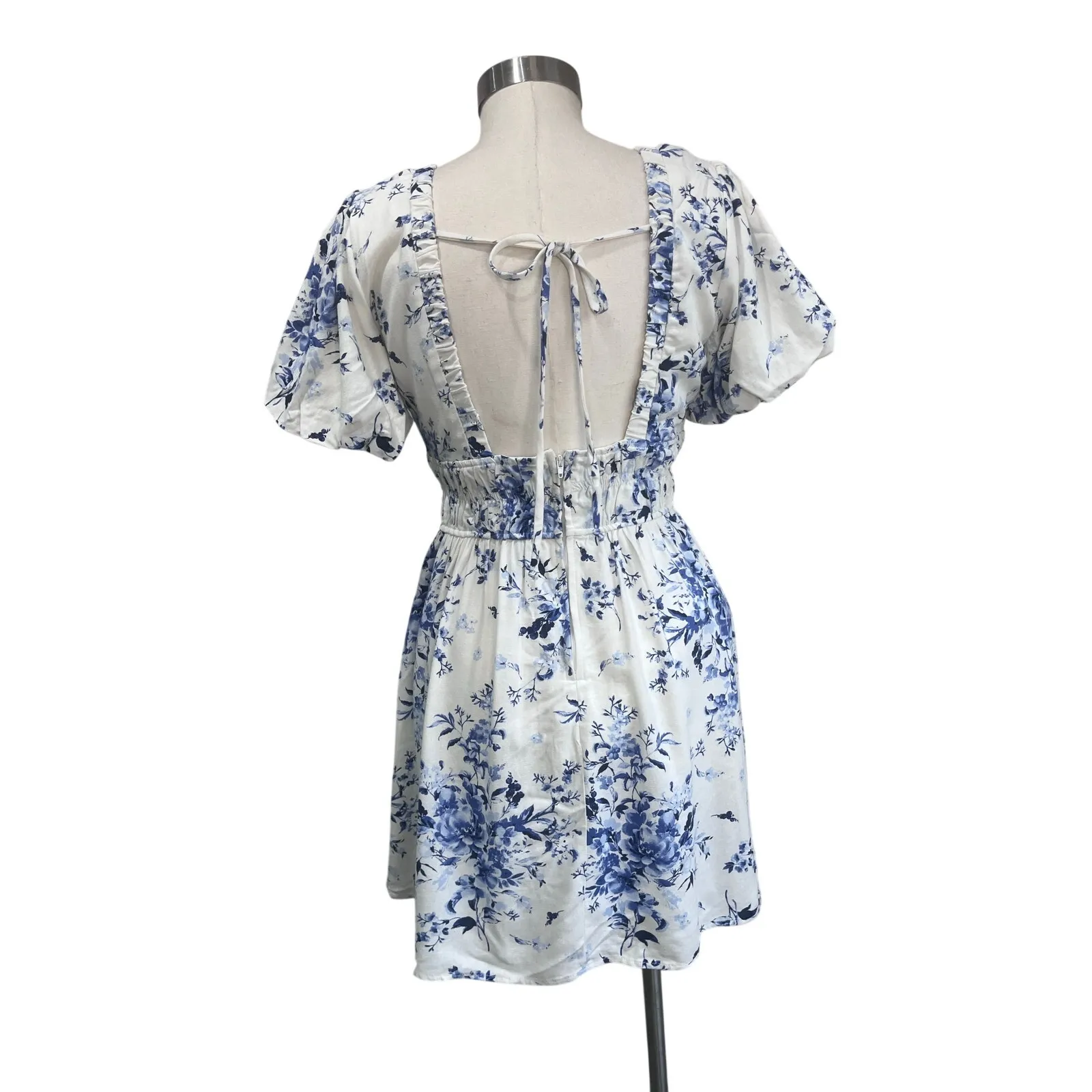 Mi Ami Francesca’s Blue Floral Puff Sleeve Linen Blend Cottagecore Mini Dress M Size M - Image 2