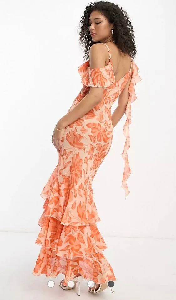 ASOS DESIGN sheer ruffle shoulder asymmetric hem maxi dress in orange floral jacquard - Image 2
