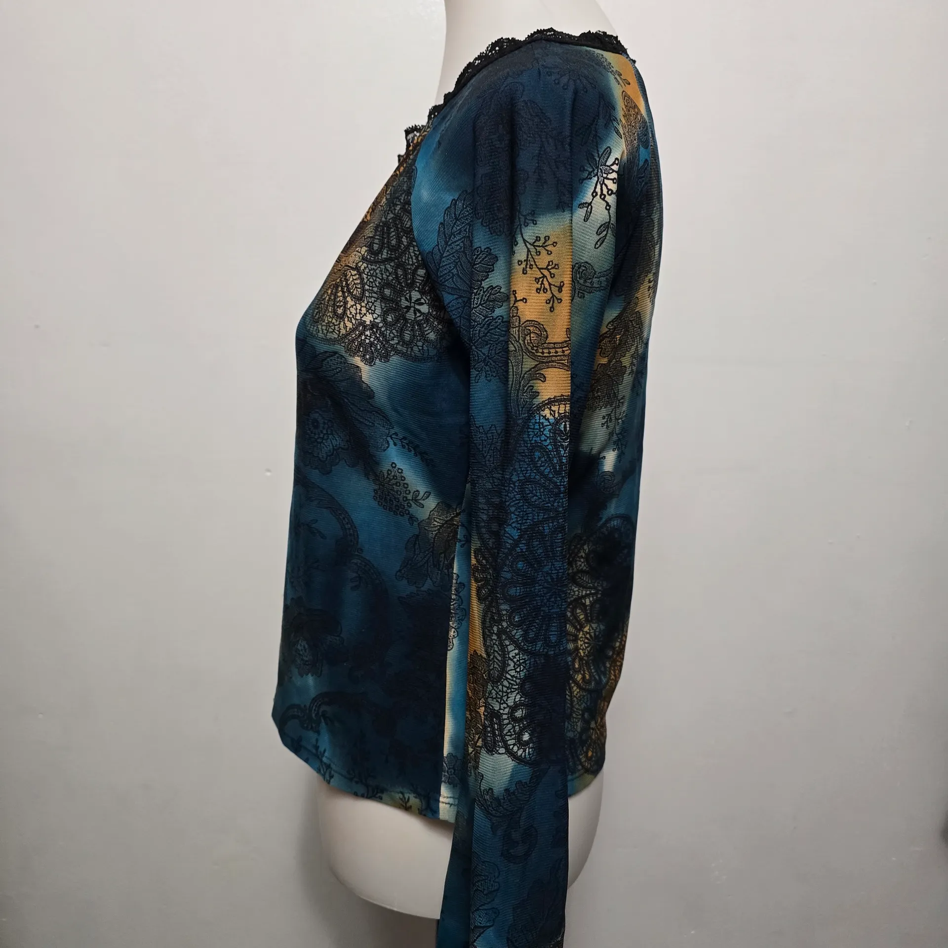 Vintage Educe 90s Teal Baroque Floral Lace Trim Mesh Top Medium Rave Club Moody Blue - Image 3