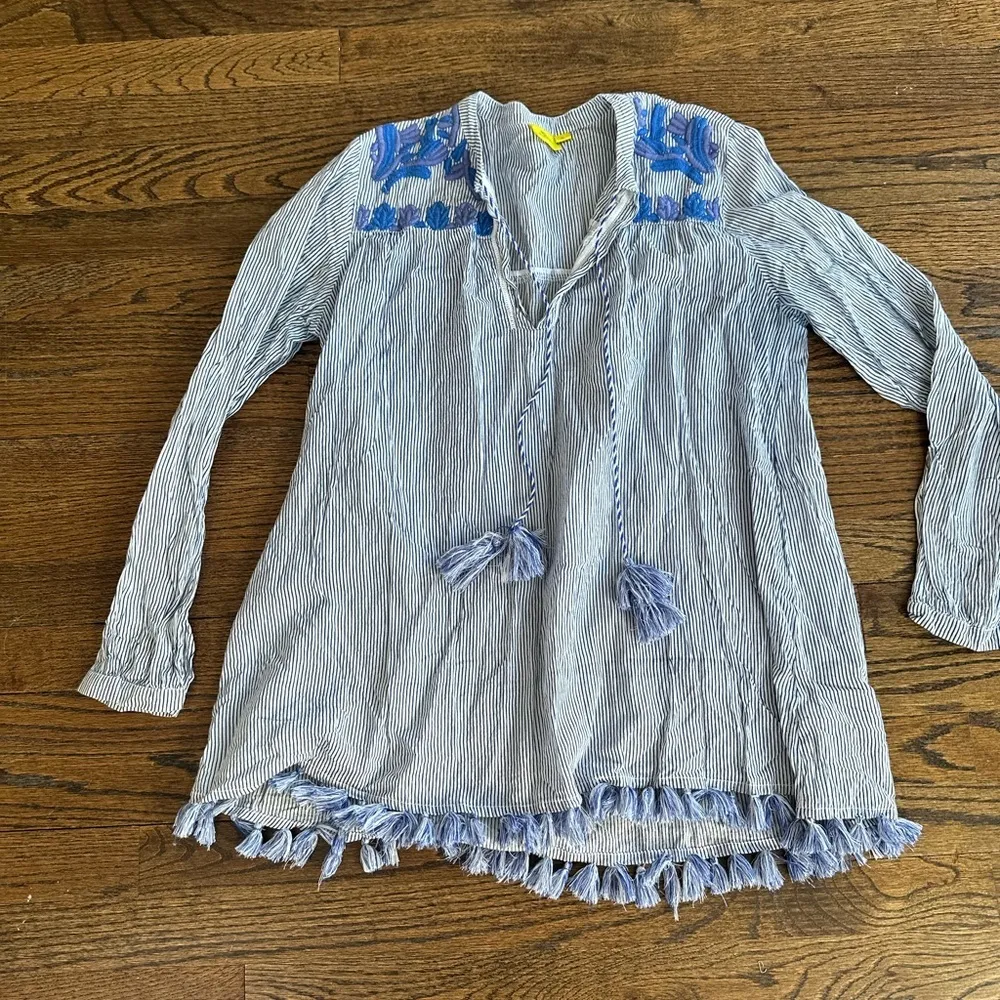 Roller Rabbit 100% Cotton India Boho Embroidered Tassel Striped Blouse Top M - Image 3