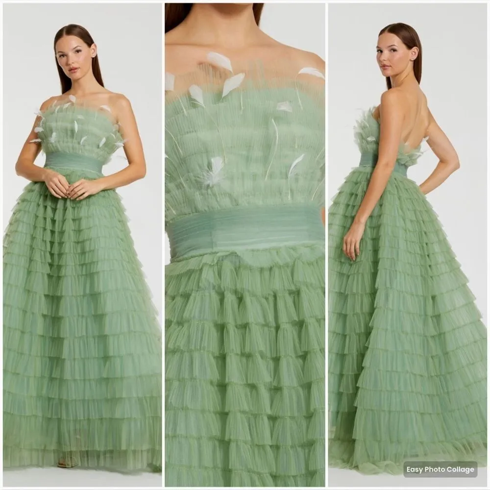 MAC DUGGAL 20530 Green Strapless Ruffle Gown with Feathers - Image 2