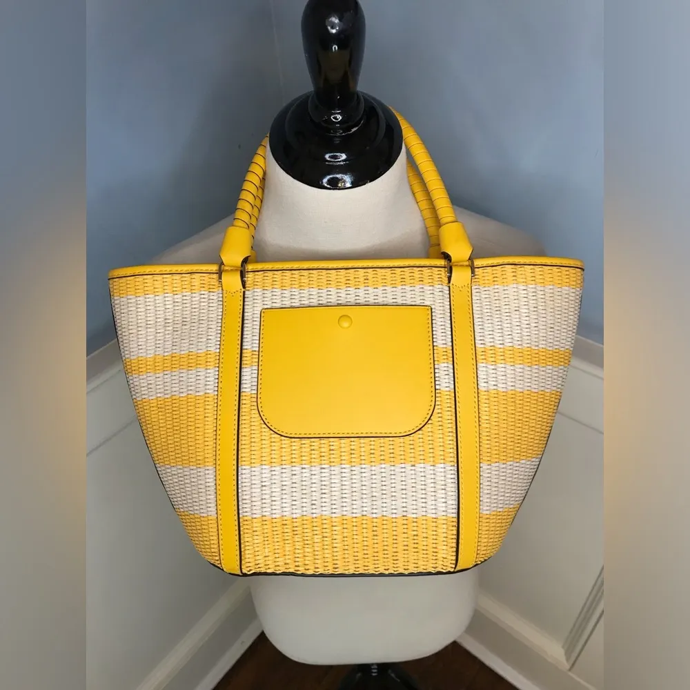 NWOT Kate Spade Cruise Medium Mango Ice and White Striped Straw Tote - Image 4