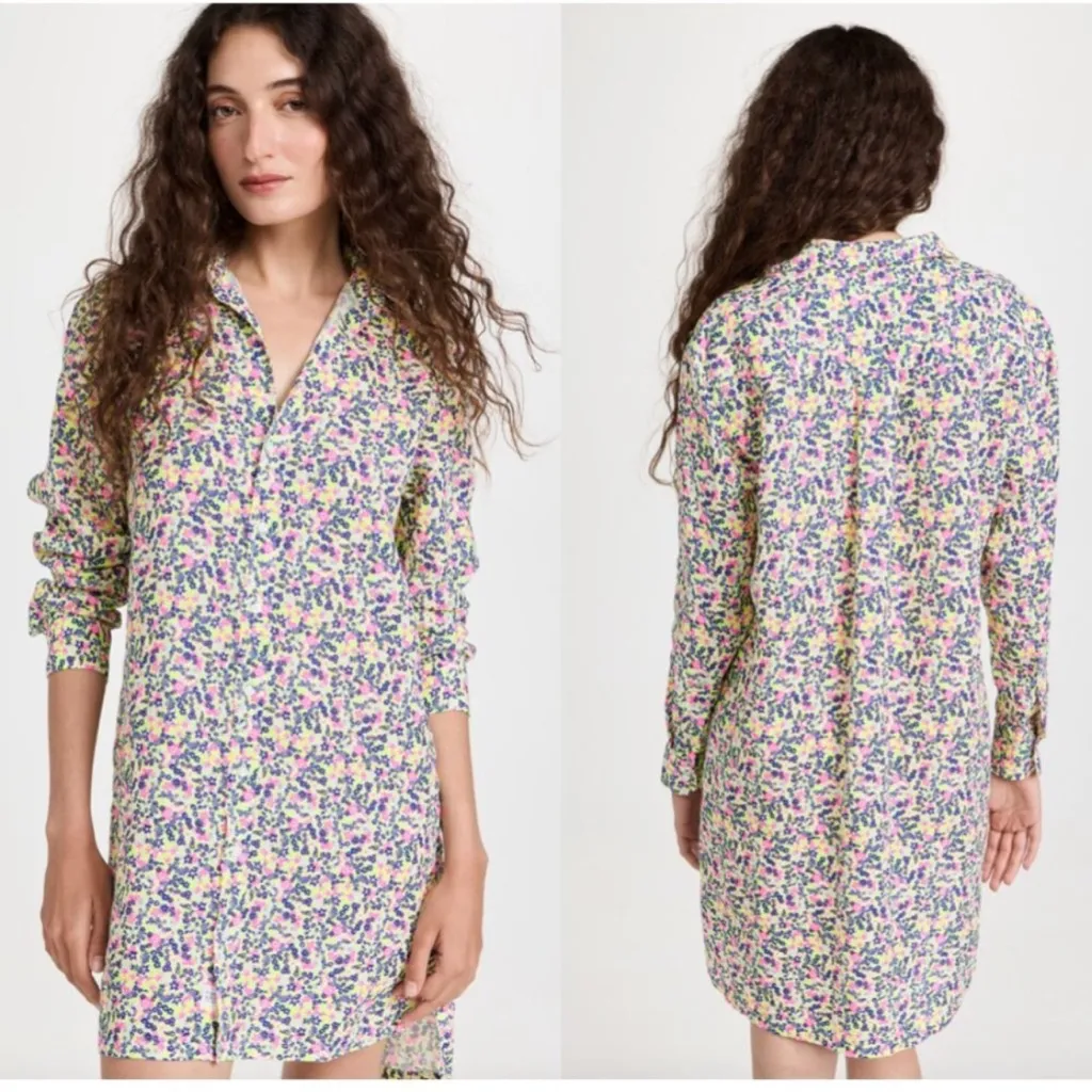 FRANK & EILEEN Sz XS Bright Neon Floral Linen Hunter Step Hem Shirt Dress - Image 4
