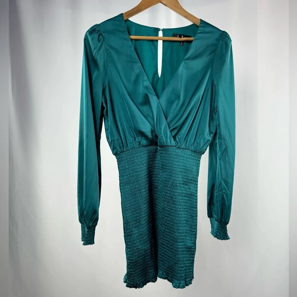 Lulus Jaw Dropping Beauty Satin‎ Smocked Bodycon Mini Dress Teal Blue Size Small - Image 5