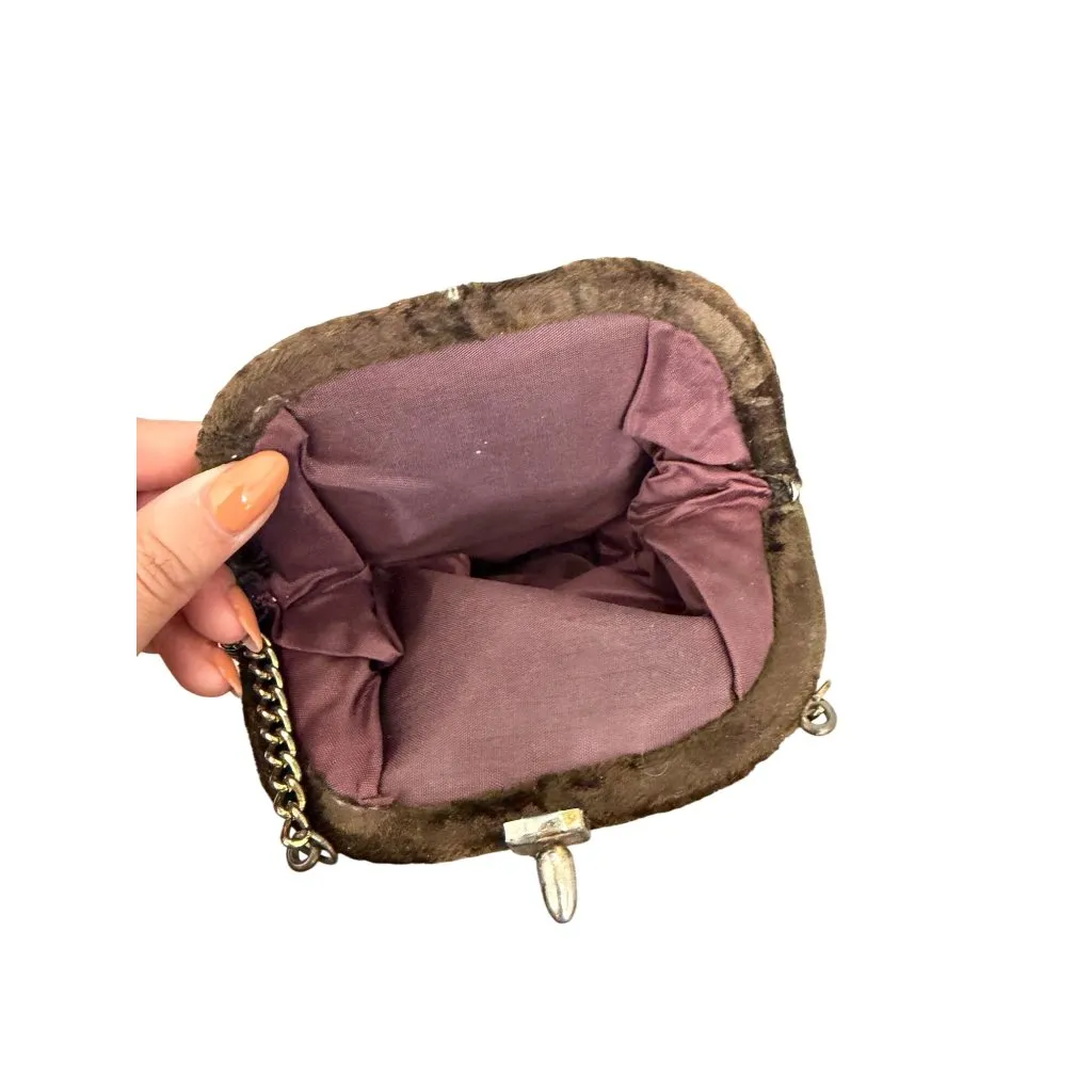 VINTAGE 1960'S Brown Velvet Kisslock Gold Chain Cocktail Bag - Image 2